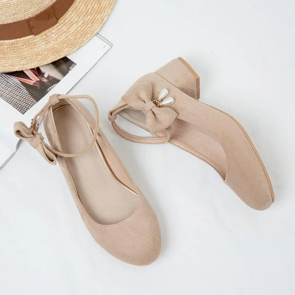 MIOKE Women's Chunky Mid Heel Dress Pumps Square Toe Buckle Suede Slip-On Comfort Casual Office Work Shoes