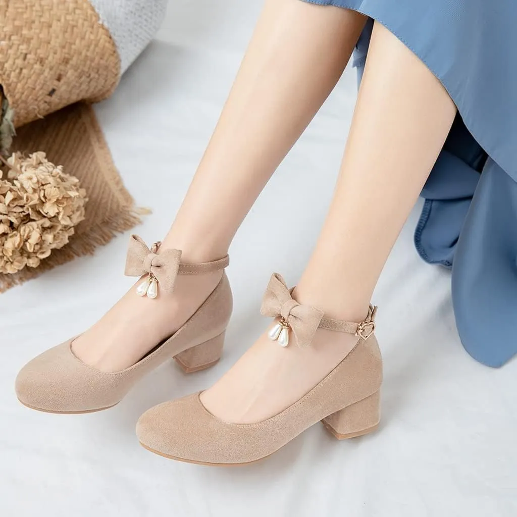 MIOKE Women's Chunky Mid Heel Dress Pumps Square Toe Buckle Suede Slip-On Comfort Casual Office Work Shoes