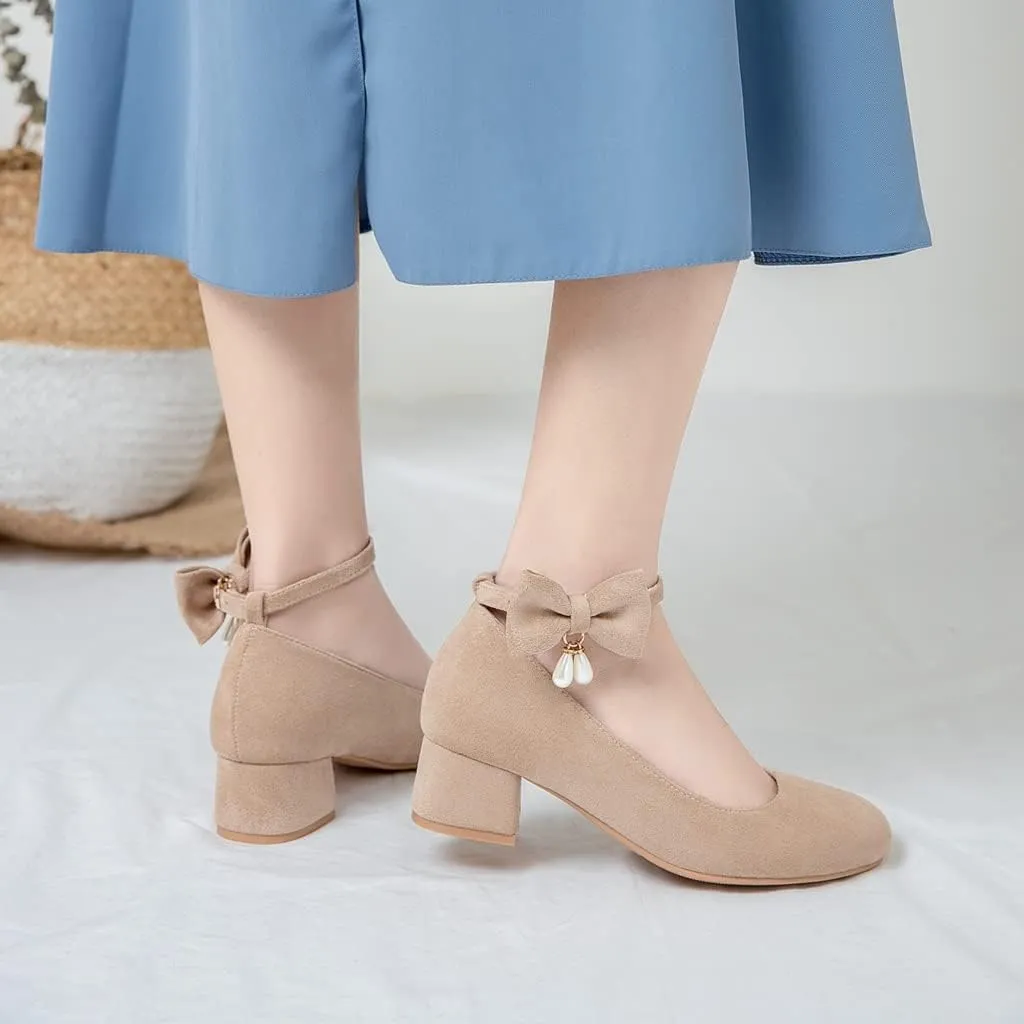MIOKE Women's Chunky Mid Heel Dress Pumps Square Toe Buckle Suede Slip-On Comfort Casual Office Work Shoes