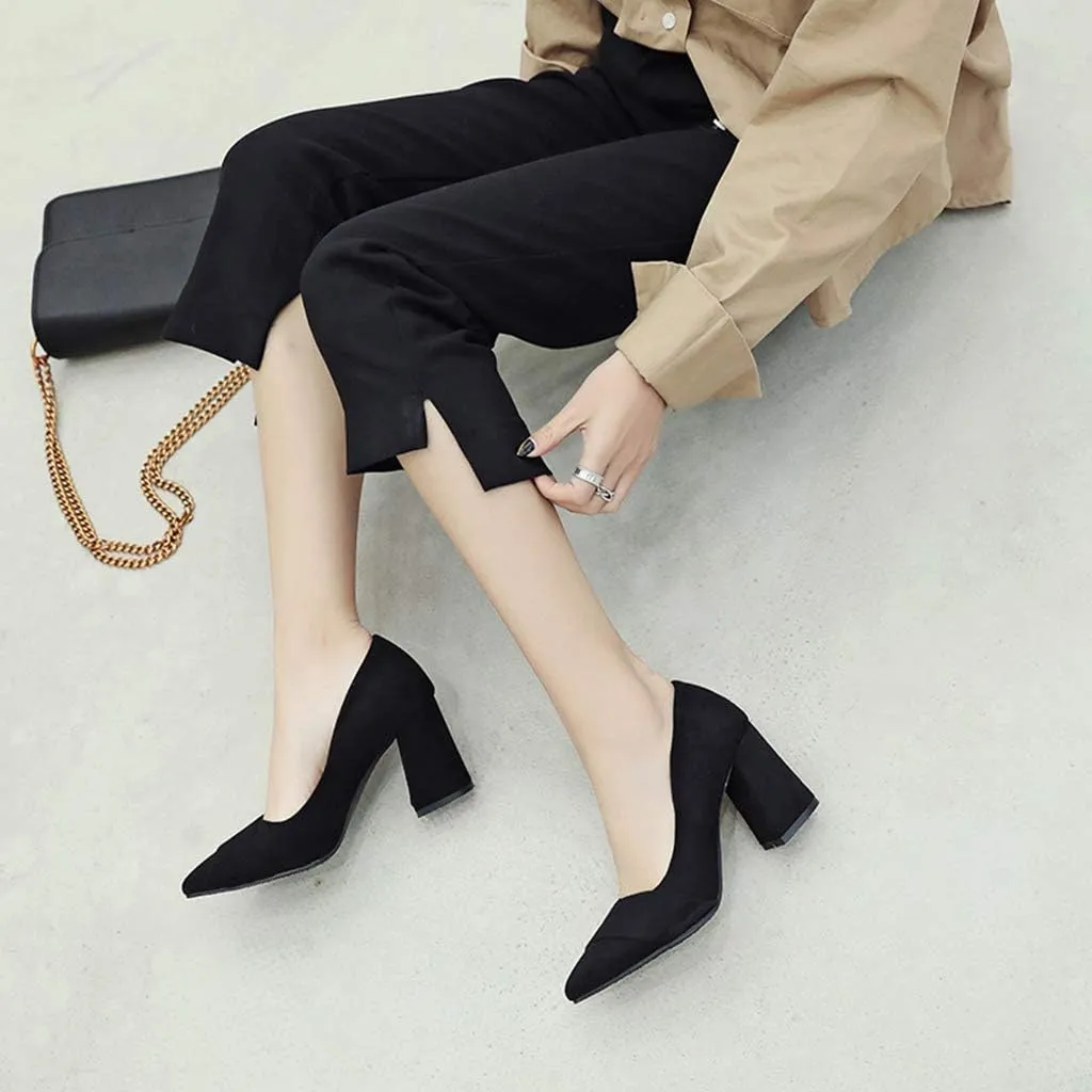 MIOKE Women's Fashion Pointed Toe Chunky High Block Heel Pumps Comfort Slip On Work Office Dress Shoes