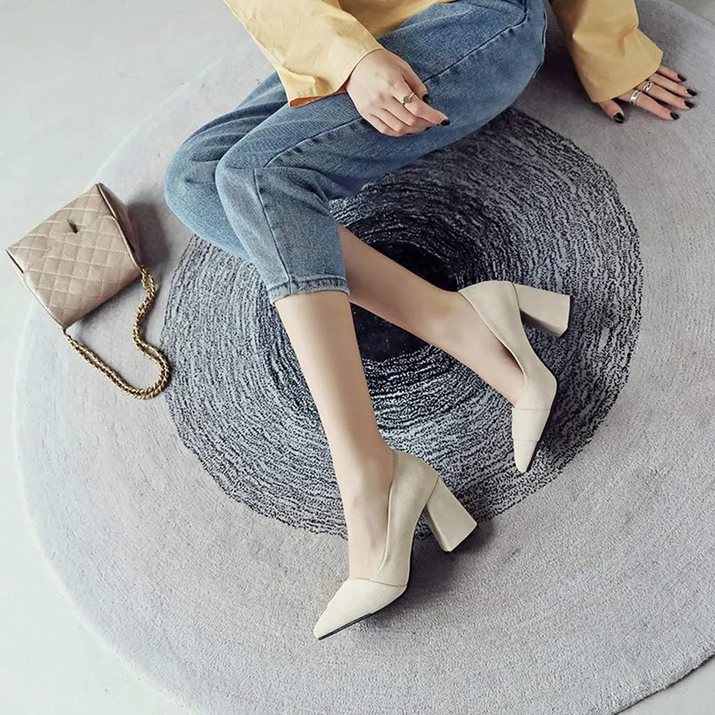 MIOKE Women's Fashion Pointed Toe Chunky High Block Heel Pumps Comfort Slip On Work Office Dress Shoes