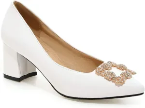 MIOKE Women's Fashion Rhinestone Chunky Mid Heel Pumps Pointy Toe Patent Leather Slip-On Wedding Dress Shoes