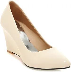 MIOKE Women's Fashion Wedge High Heel Pumps Pointed Toe Patent Leather Slip-On Comfort Chunky Dress Shoes