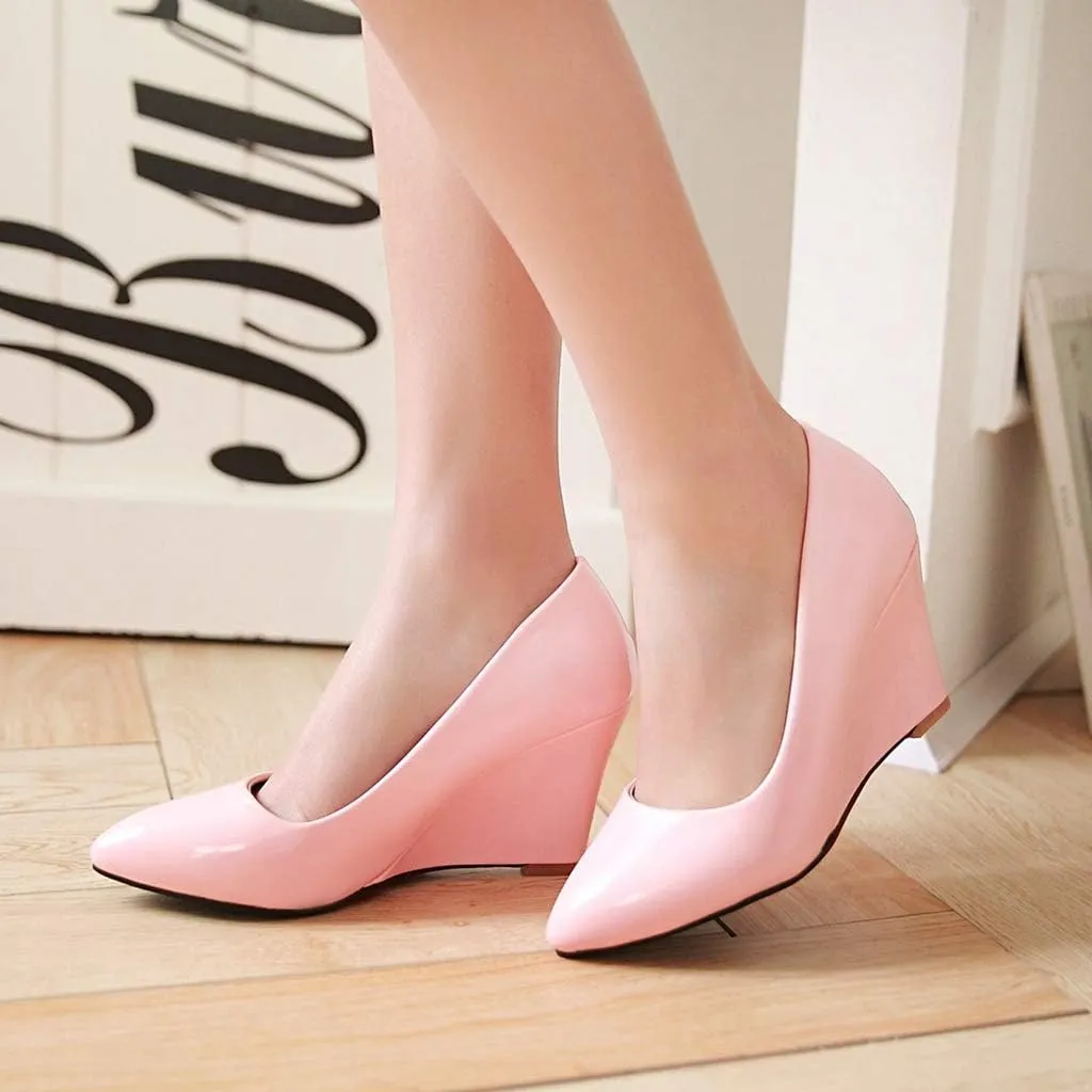 MIOKE Women's Fashion Wedge High Heel Pumps Pointed Toe Patent Leather Slip-On Comfort Chunky Dress Shoes