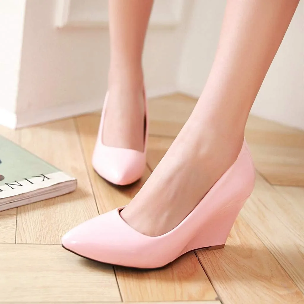 MIOKE Women's Fashion Wedge High Heel Pumps Pointed Toe Patent Leather Slip-On Comfort Chunky Dress Shoes