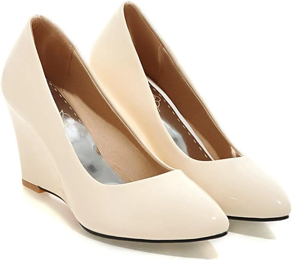 MIOKE Women's Fashion Wedge High Heel Pumps Pointed Toe Patent Leather Slip-On Comfort Chunky Dress Shoes