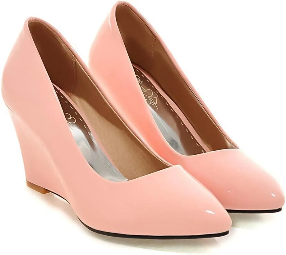 MIOKE Women's Fashion Wedge High Heel Pumps Pointed Toe Patent Leather Slip-On Comfort Chunky Dress Shoes