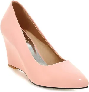 MIOKE Women's Fashion Wedge High Heel Pumps Pointed Toe Patent Leather Slip-On Comfort Chunky Dress Shoes