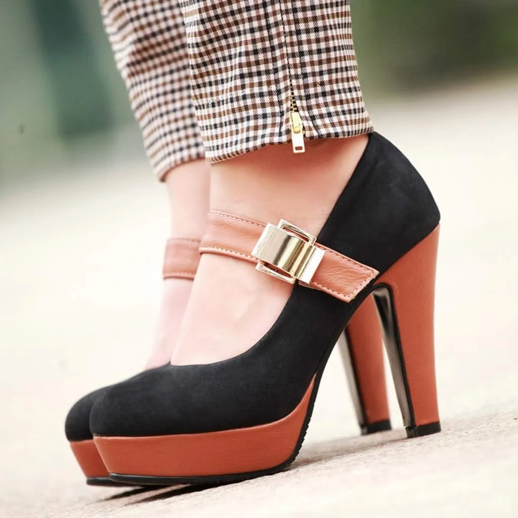 MIOKE Women's Platform High Chunky Block Heel Pumps Round Toe Buckle Strap Comfort Mary Jane Dress Shoes
