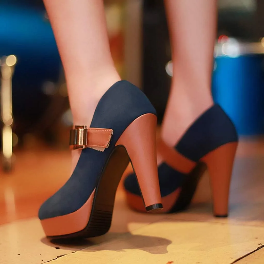 MIOKE Women's Platform High Chunky Block Heel Pumps Round Toe Buckle Strap Comfort Mary Jane Dress Shoes