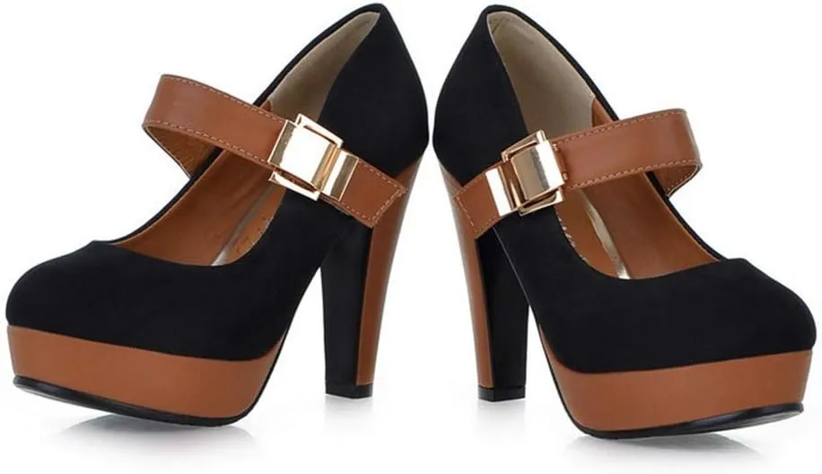 MIOKE Women's Platform High Chunky Block Heel Pumps Round Toe Buckle Strap Comfort Mary Jane Dress Shoes
