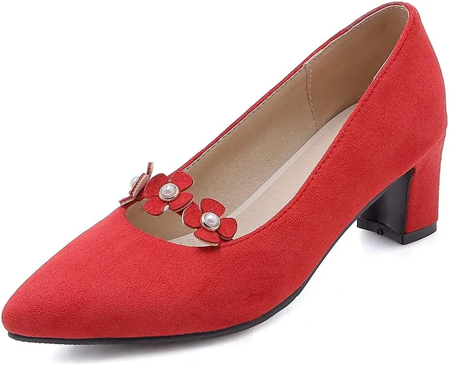 MIOKE Women's Pointed Toe Chunky Block Mid Heel Pumps Fashion Flowers Slip On Comfort Office Dress Shoes