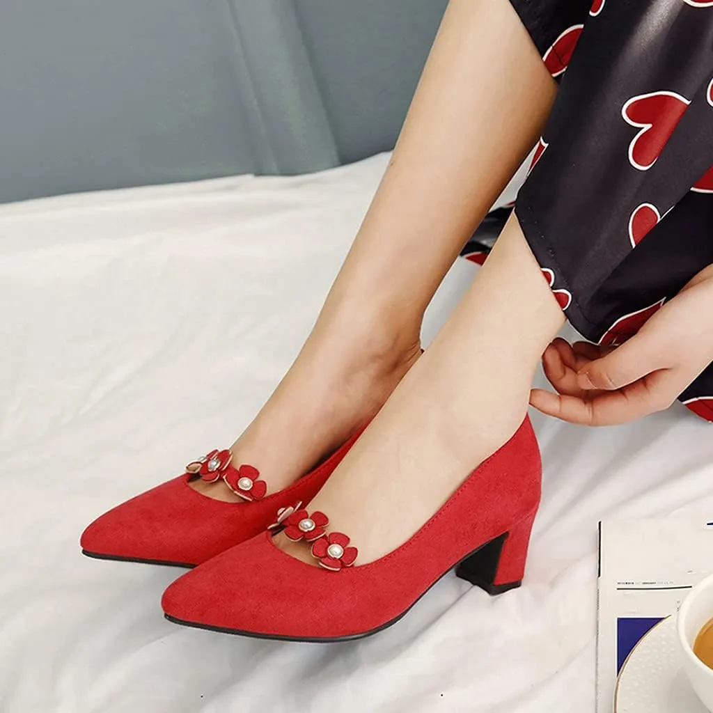 MIOKE Women's Pointed Toe Chunky Block Mid Heel Pumps Fashion Flowers Slip On Comfort Office Dress Shoes