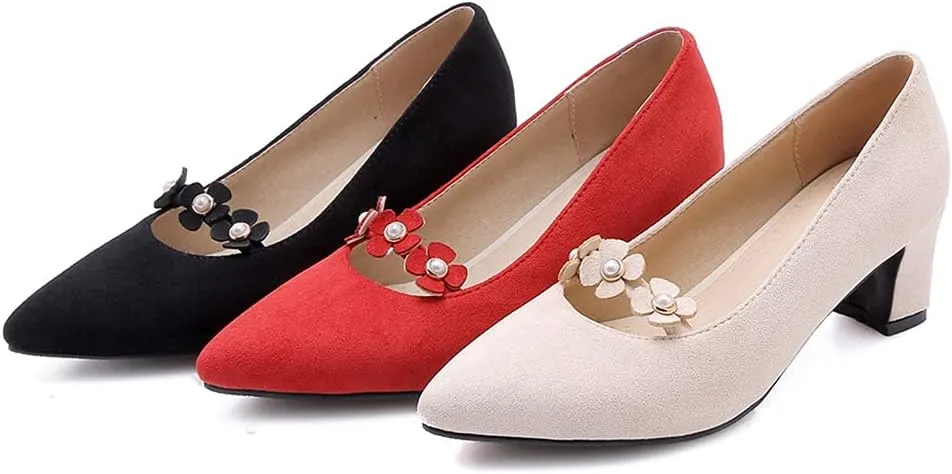 MIOKE Women's Pointed Toe Chunky Block Mid Heel Pumps Fashion Flowers Slip On Comfort Office Dress Shoes