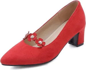 MIOKE Women's Pointed Toe Chunky Block Mid Heel Pumps Fashion Flowers Slip On Comfort Office Dress Shoes