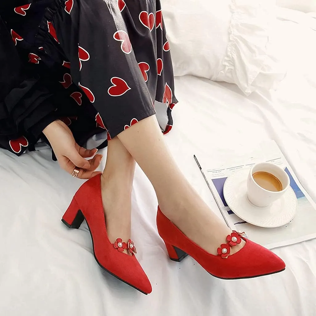 MIOKE Women's Pointed Toe Chunky Block Mid Heel Pumps Fashion Flowers Slip On Comfort Office Dress Shoes