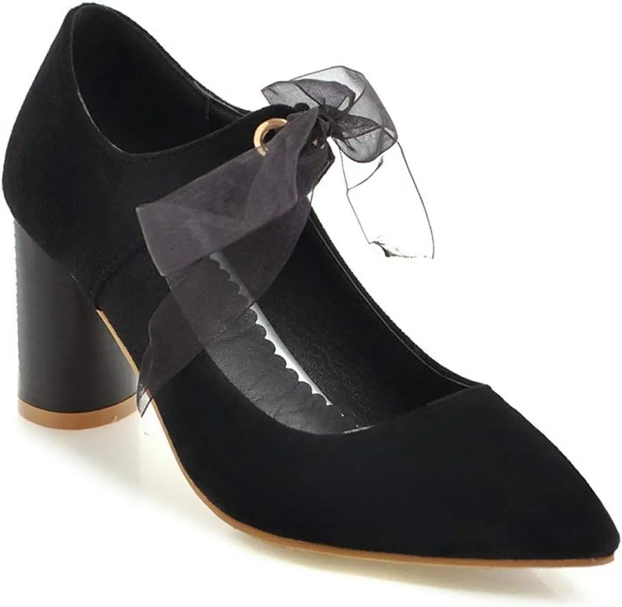 MIOKE Women's Pointed Toe Chunky High Block Heel Pumps Lace Up Suede Comfort Bridal Wedding Dress Shoes