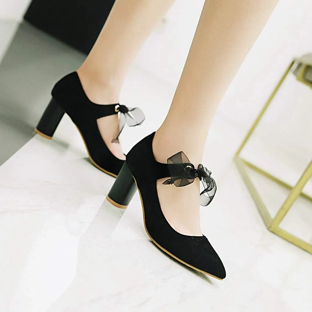 MIOKE Women's Pointed Toe Chunky High Block Heel Pumps Lace Up Suede Comfort Bridal Wedding Dress Shoes