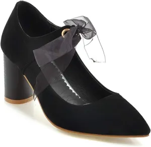 MIOKE Women's Pointed Toe Chunky High Block Heel Pumps Lace Up Suede Comfort Bridal Wedding Dress Shoes