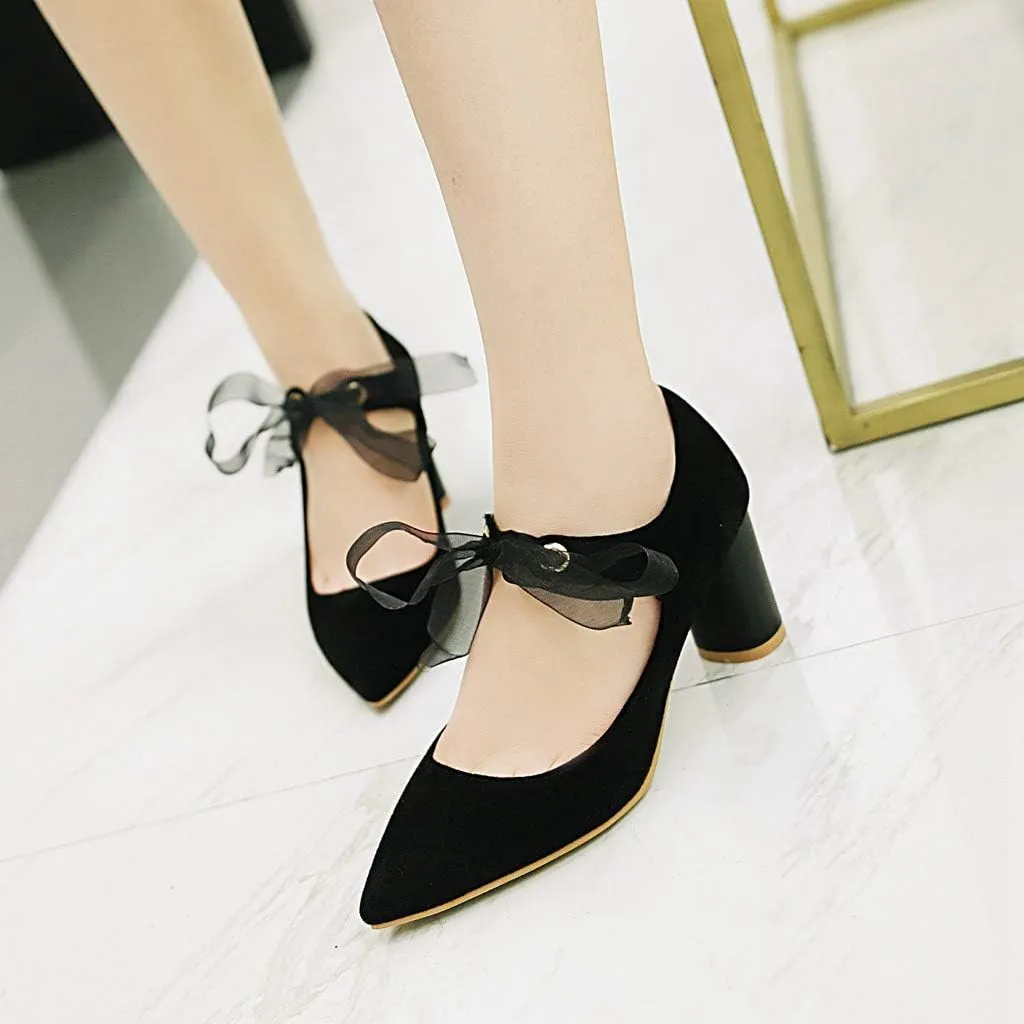 MIOKE Women's Pointed Toe Chunky High Block Heel Pumps Lace Up Suede Comfort Bridal Wedding Dress Shoes