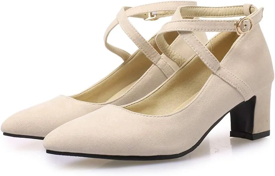 MIOKE Women's Pointed Toe Chunky Mid Block Heel Pumps Suede Comfy Cross Strap Mary Jane Elegant Dress Shoes