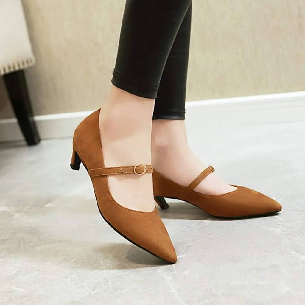 MIOKE Women's Pointed Toe Comfort Low Kitten Heels Pumps Slip On Suede Daily Office Mary Jane Dress Shoes