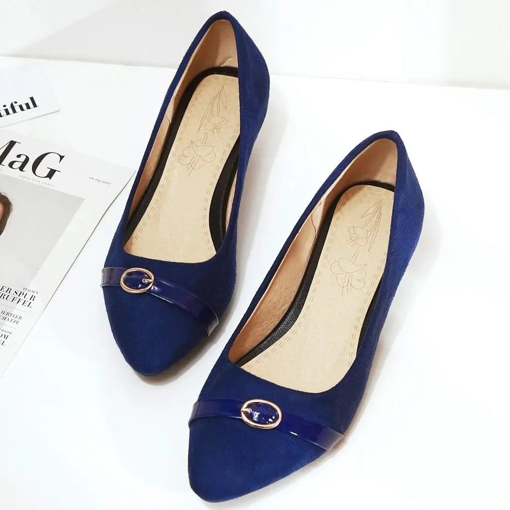 MIOKE Women's Pointed Toe Comfy Low Kitten Heel Pumps Suede Buckle Slip On Loafer Casual Office Dress Shoes