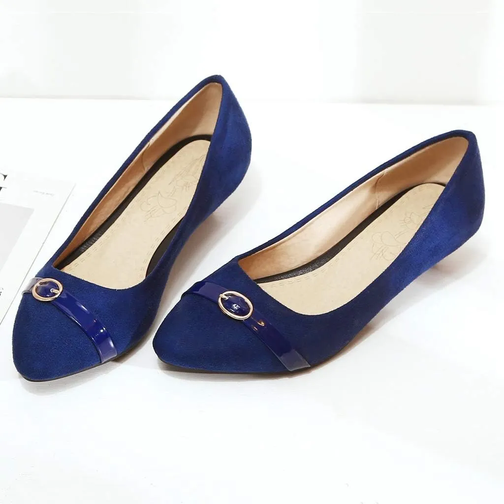 MIOKE Women's Pointed Toe Comfy Low Kitten Heel Pumps Suede Buckle Slip On Loafer Casual Office Dress Shoes