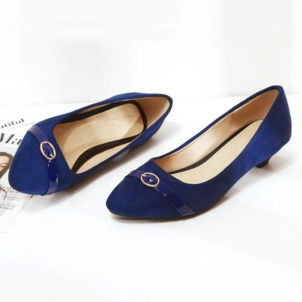 MIOKE Women's Pointed Toe Comfy Low Kitten Heel Pumps Suede Buckle Slip On Loafer Casual Office Dress Shoes