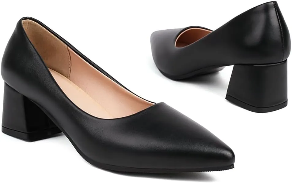 MIOKE Women's Square Toe Chunky Low Block Heel Pumps Leather Slip-On Comfort Casual Work Office Dress Shoes