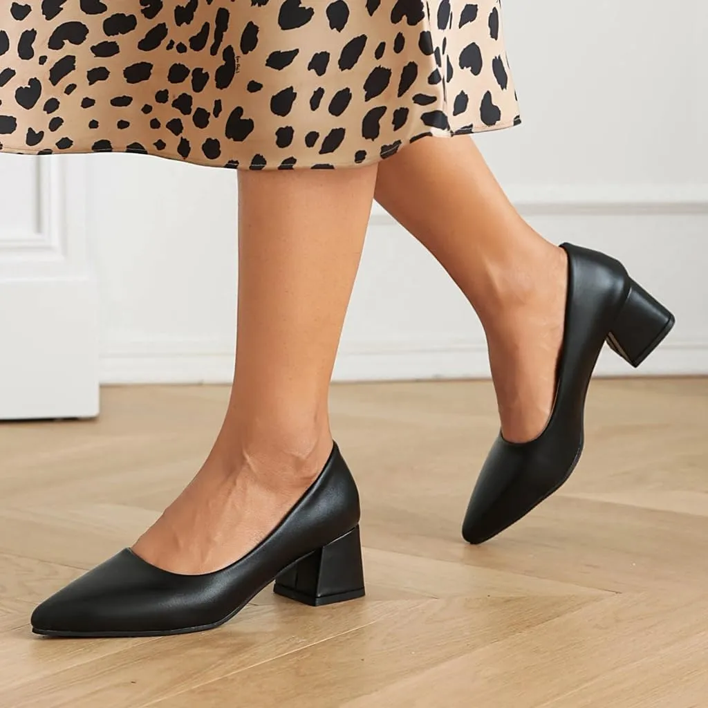 MIOKE Women's Square Toe Chunky Low Block Heel Pumps Leather Slip-On Comfort Casual Work Office Dress Shoes