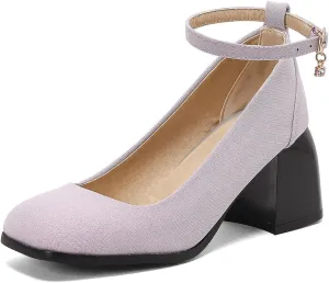 MIOKE Women's Square Toe Chunky Low Block Heel Pumps Leather Slip-On Comfort Casual Work Office Dress Shoes