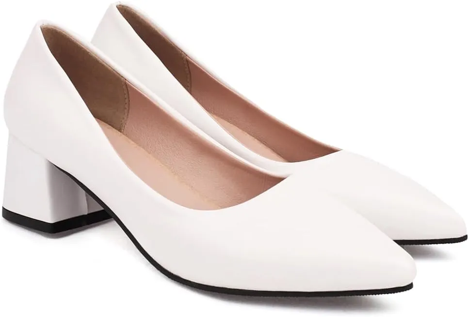 MIOKE Women's Square Toe Chunky Low Block Heel Pumps Leather Slip-On Comfort Casual Work Office Dress Shoes
