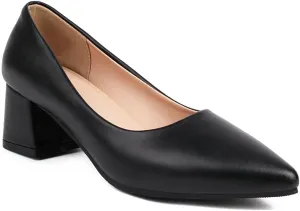 MIOKE Women's Square Toe Chunky Low Block Heel Pumps Leather Slip-On Comfort Casual Work Office Dress Shoes