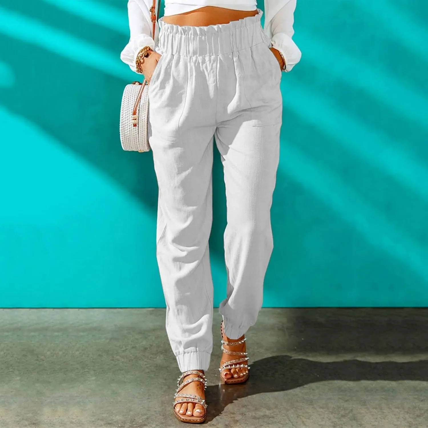 Mmoneyake Women's Elastic High Waist Pants Slim Fit Casual Office Pencil Pants Casual Solid Jogger Pants Trouser with Pockets
