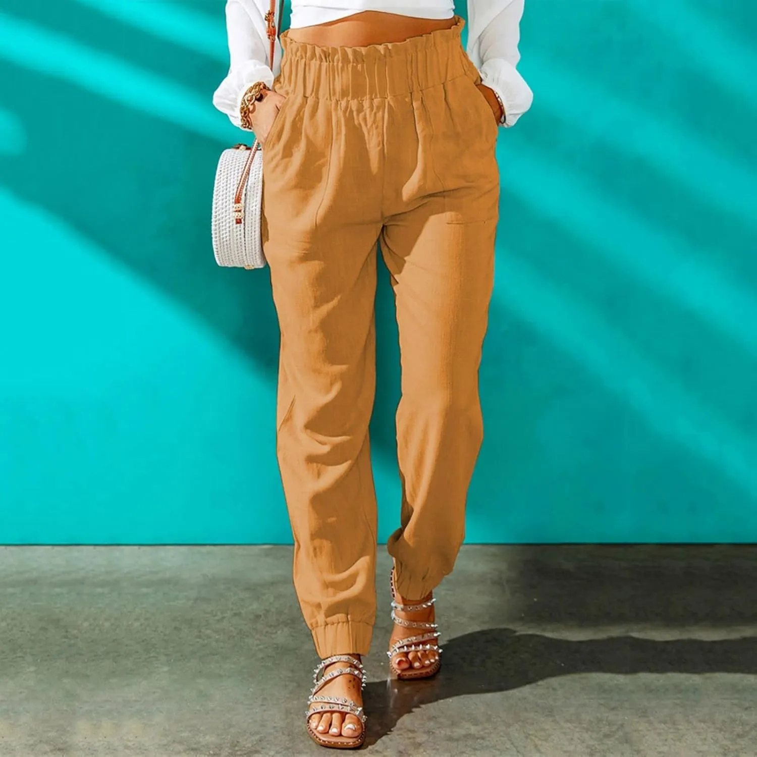 Mmoneyake Women's Elastic High Waist Pants Slim Fit Casual Office Pencil Pants Casual Solid Jogger Pants Trouser with Pockets