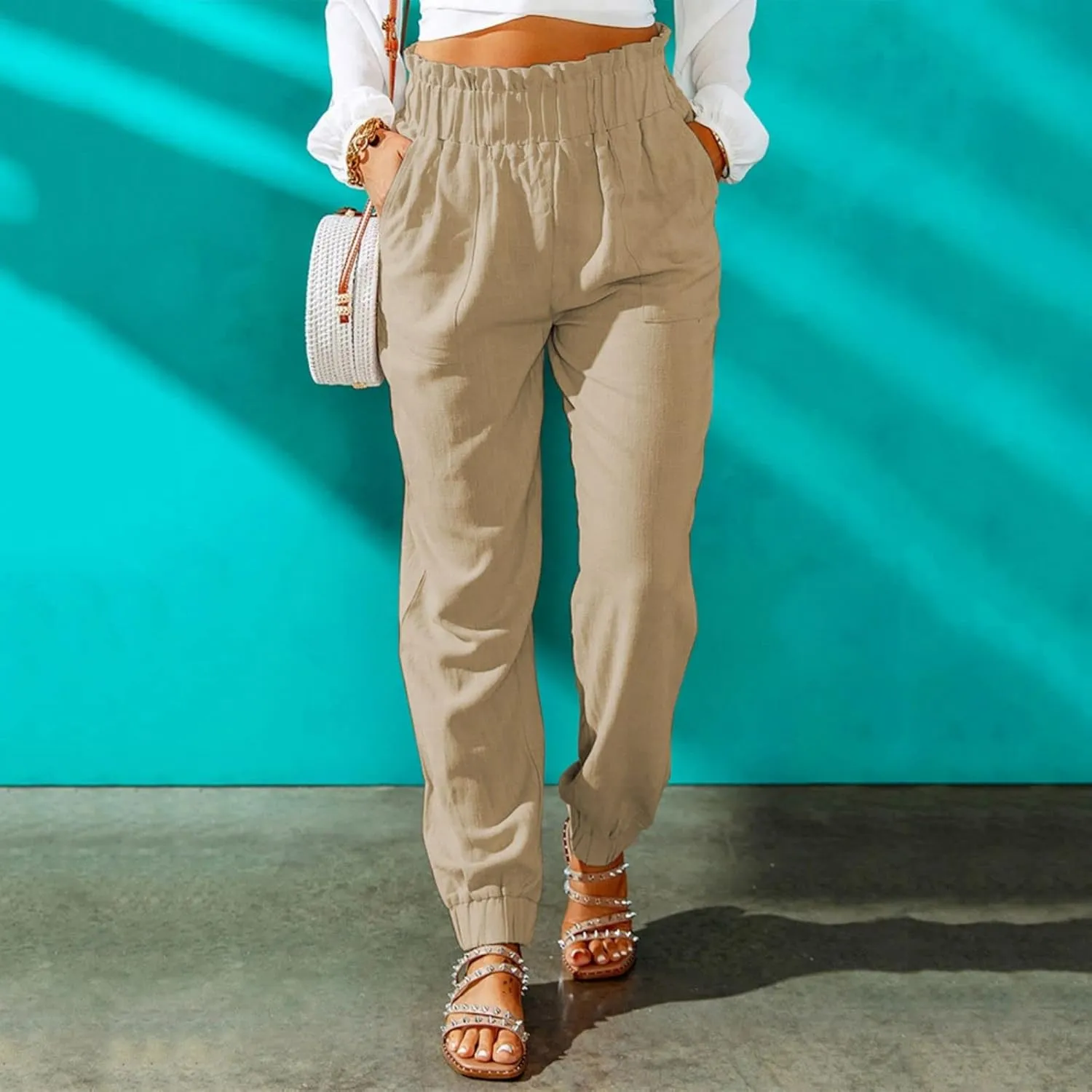 Mmoneyake Women's Elastic High Waist Pants Slim Fit Casual Office Pencil Pants Casual Solid Jogger Pants Trouser with Pockets