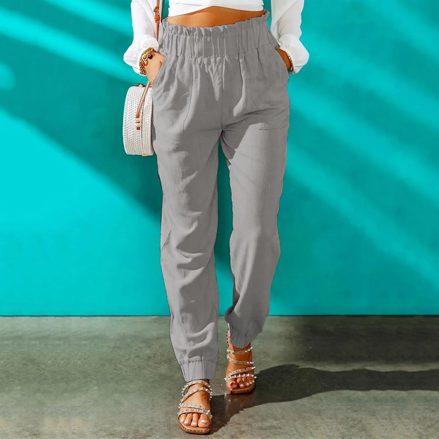 Mmoneyake Women's Elastic High Waist Pants Slim Fit Casual Office Pencil Pants Casual Solid Jogger Pants Trouser with Pockets
