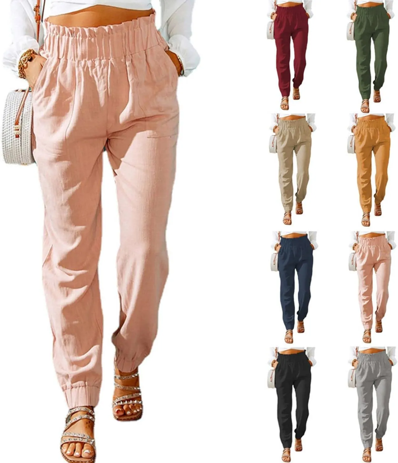 Mmoneyake Women's Elastic High Waist Pants Slim Fit Casual Office Pencil Pants Casual Solid Jogger Pants Trouser with Pockets