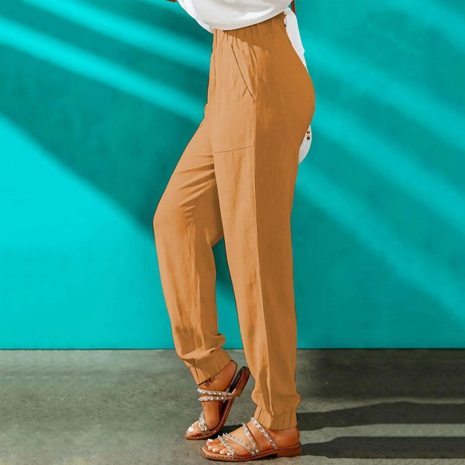 Mmoneyake Women's Elastic High Waist Pants Slim Fit Casual Office Pencil Pants Casual Solid Jogger Pants Trouser with Pockets