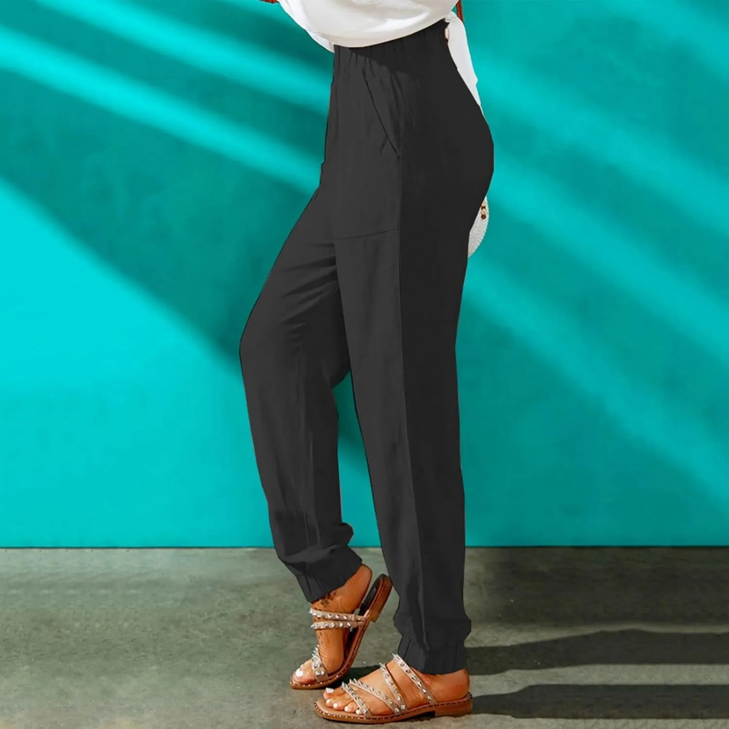 Mmoneyake Women's Elastic High Waist Pants Slim Fit Casual Office Pencil Pants Casual Solid Jogger Pants Trouser with Pockets