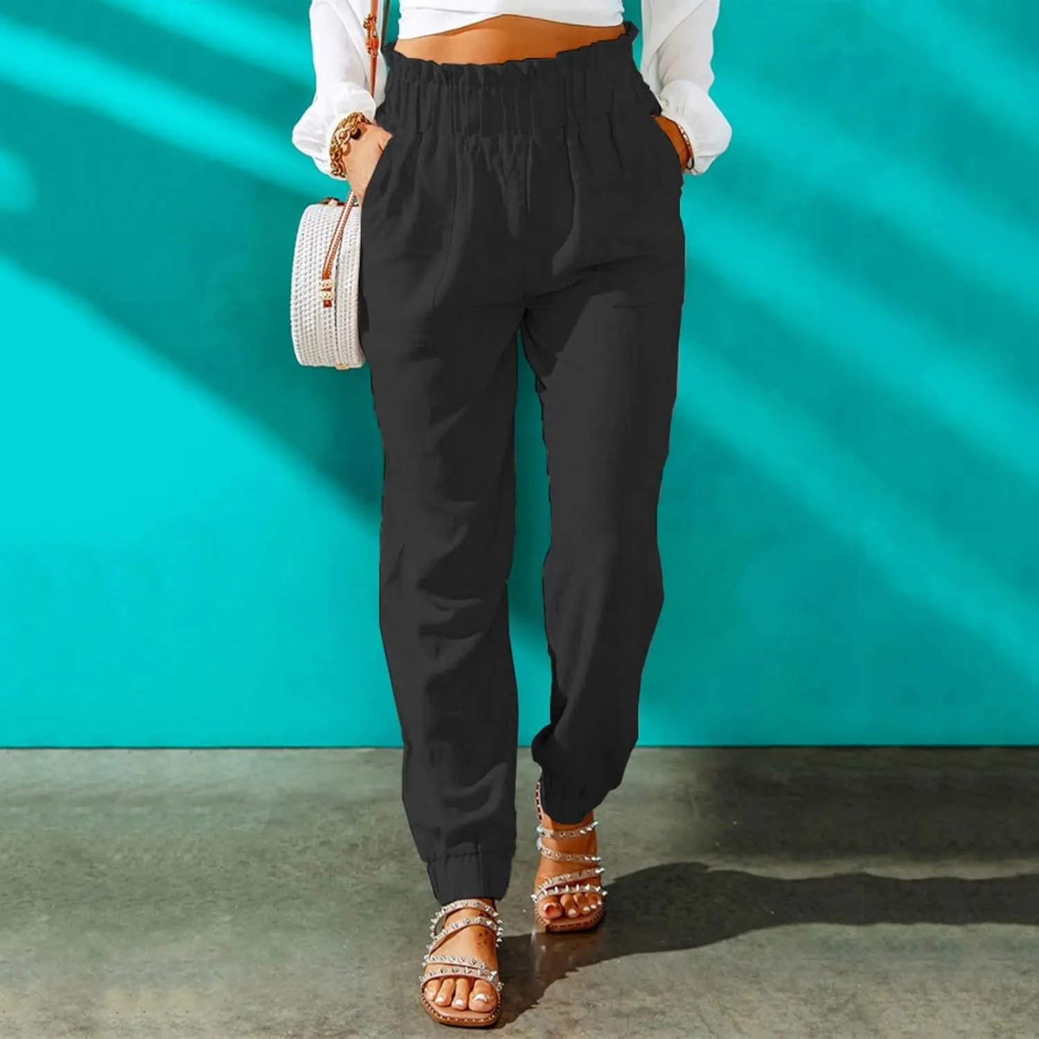 Mmoneyake Women's Elastic High Waist Pants Slim Fit Casual Office Pencil Pants Casual Solid Jogger Pants Trouser with Pockets