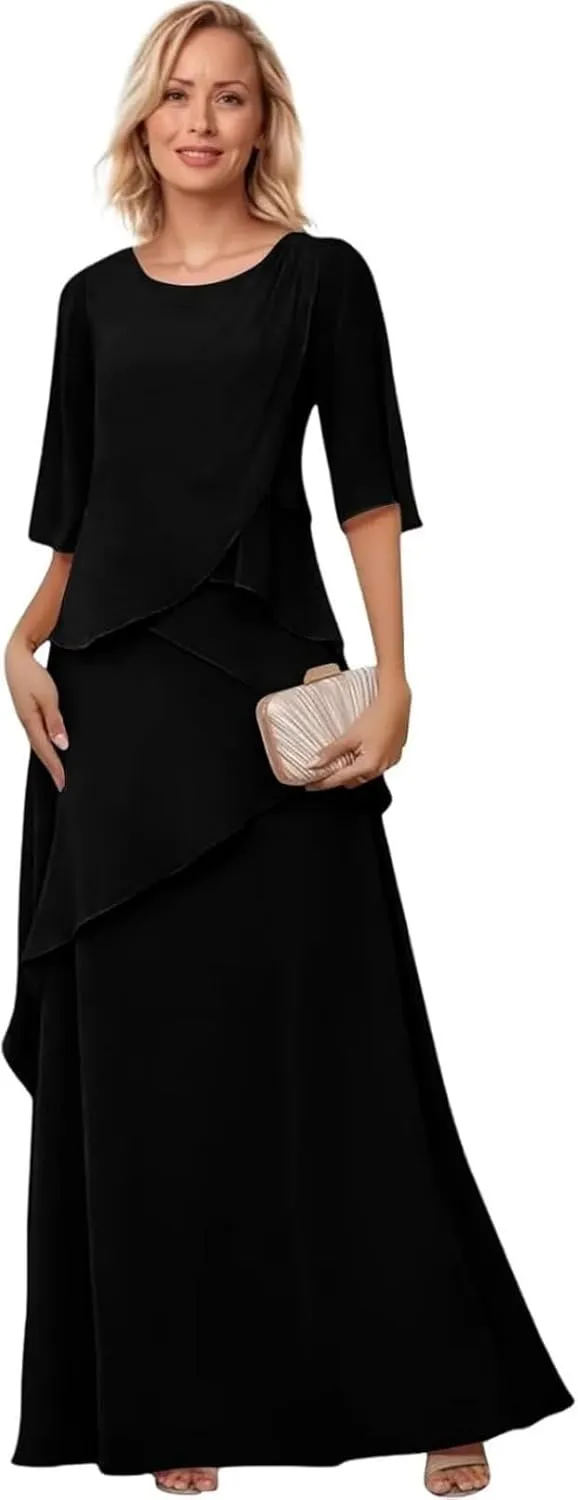 Mother of The Bride Dresses for Wedding Layered Chiffon Long Evening Dress Formal Gown with Sleeves