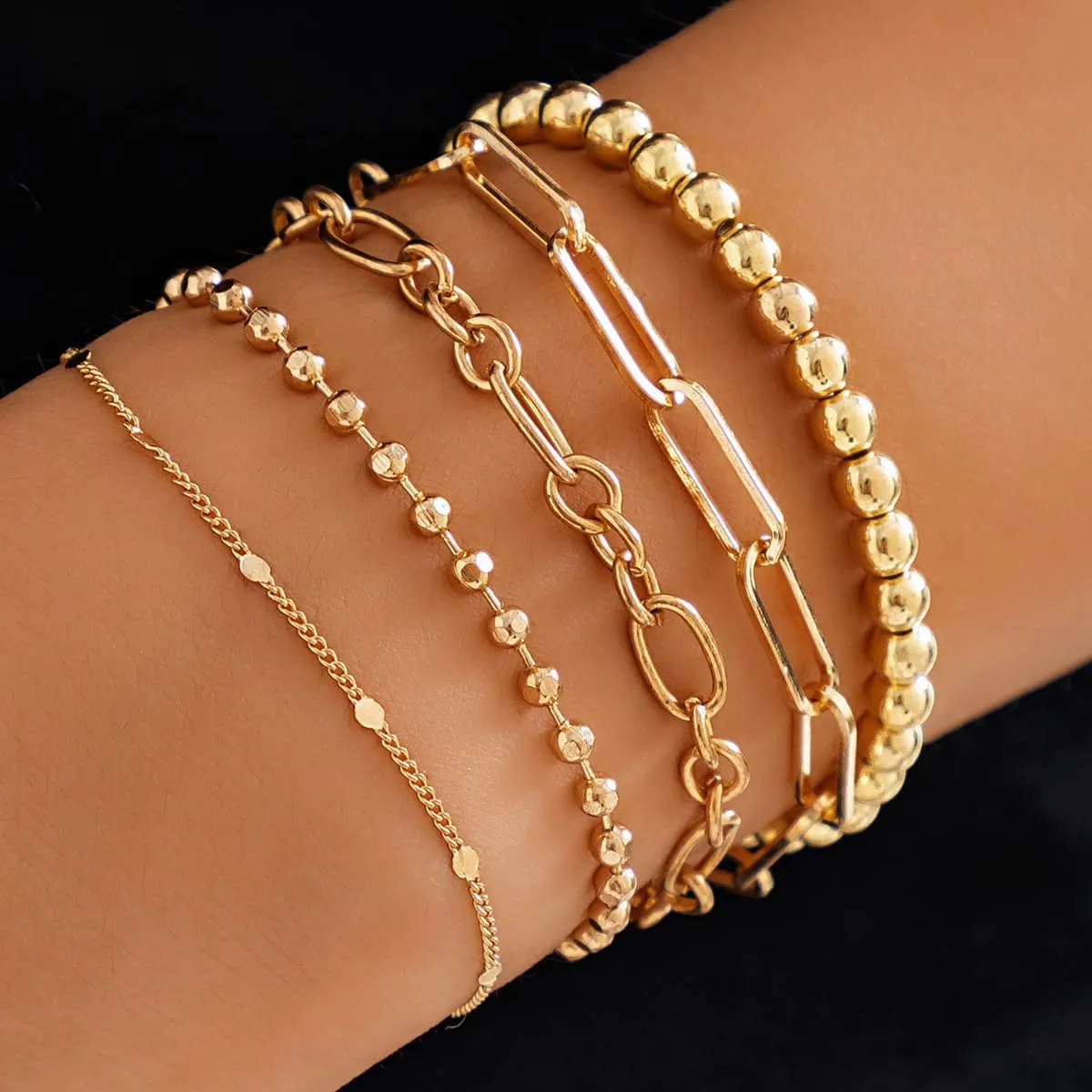 Multi Layered Beaded Bracelets Set for Women,14K Gold Round Balls Beaded Bracelets Charm Paper Clip Bracelets Minimalist Hand Wrist Jewelry