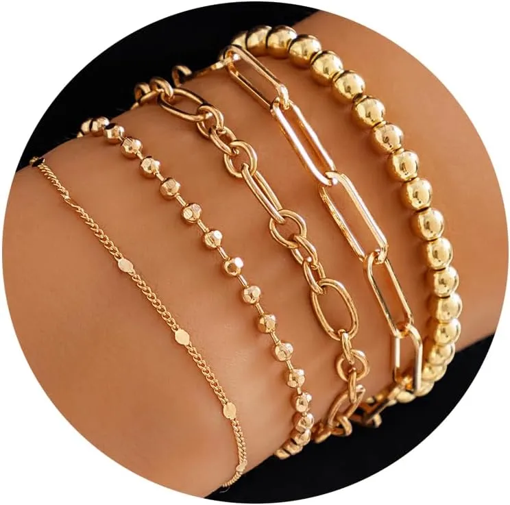 Multi Layered Beaded Bracelets Set for Women,14K Gold Round Balls Beaded Bracelets Charm Paper Clip Bracelets Minimalist Hand Wrist Jewelry