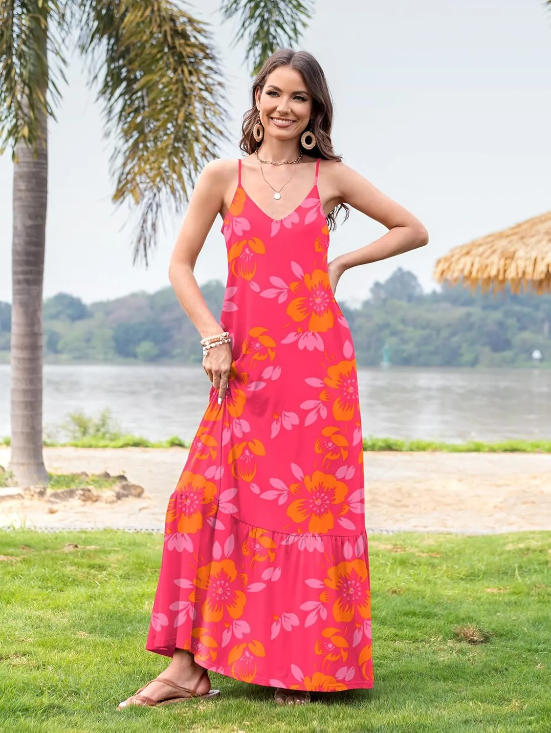 Naggoo Women's Summer Maxi Dress Casual V Neck Spaghetti Strap Beach Dress Flowy Swing Long Sundress with Pockets