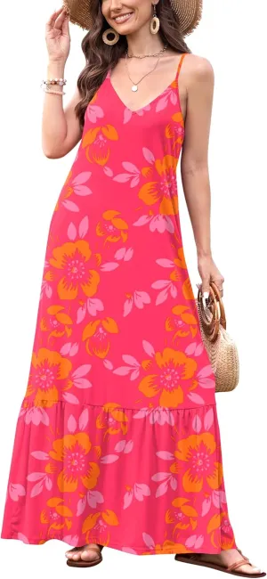 Naggoo Women's Summer Maxi Dress Casual V Neck Spaghetti Strap Beach Dress Flowy Swing Long Sundress with Pockets