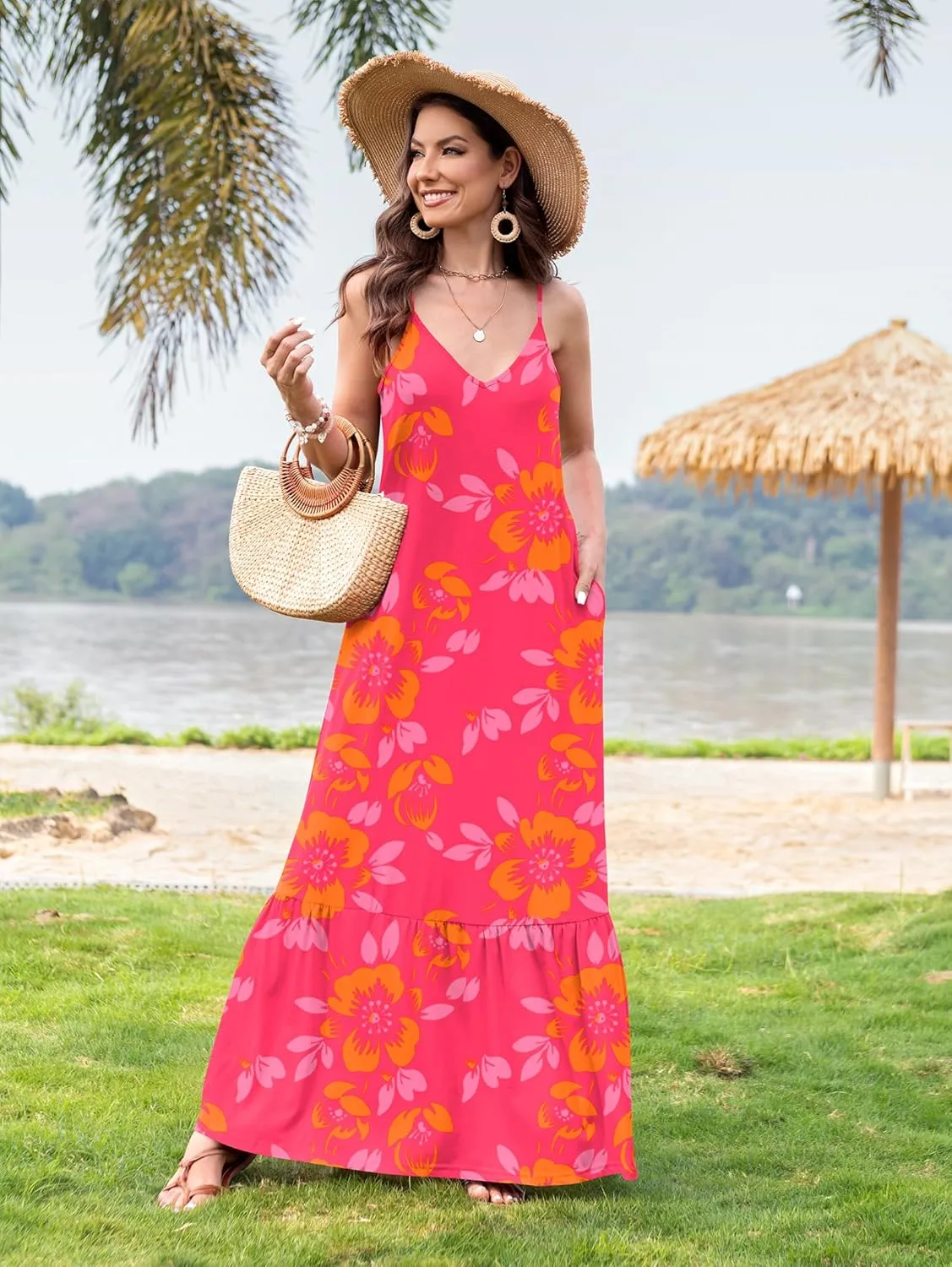 Naggoo Women's Summer Maxi Dress Casual V Neck Spaghetti Strap Beach Dress Flowy Swing Long Sundress with Pockets