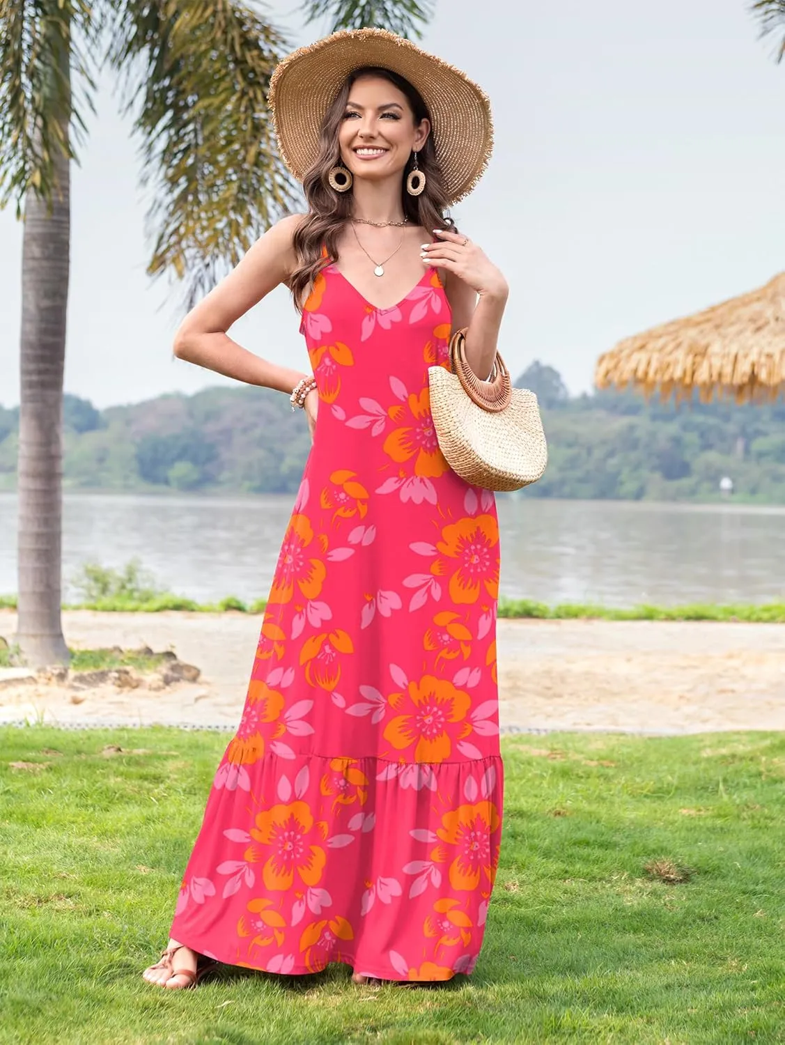 Naggoo Women's Summer Maxi Dress Casual V Neck Spaghetti Strap Beach Dress Flowy Swing Long Sundress with Pockets