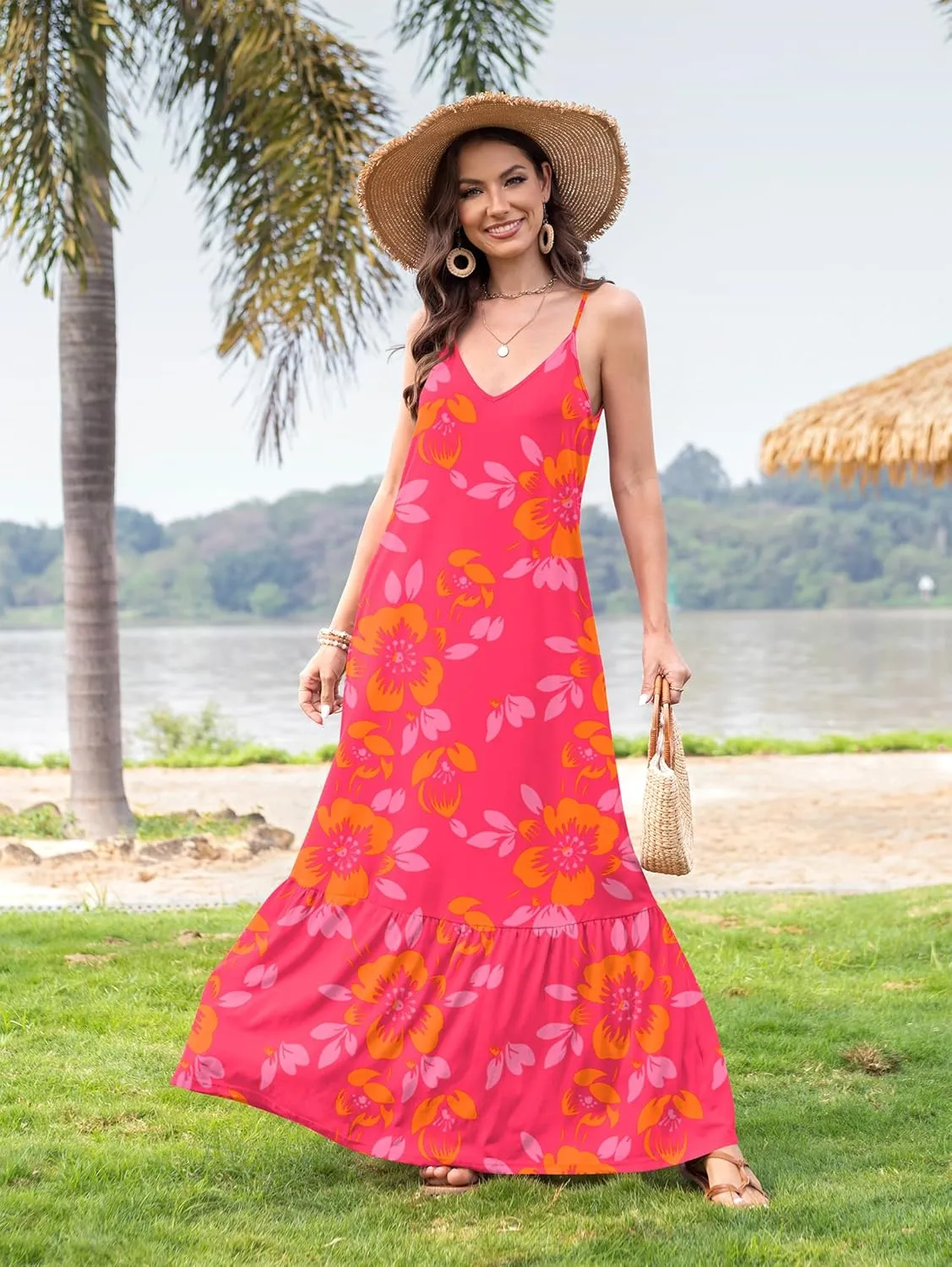 Naggoo Women's Summer Maxi Dress Casual V Neck Spaghetti Strap Beach Dress Flowy Swing Long Sundress with Pockets